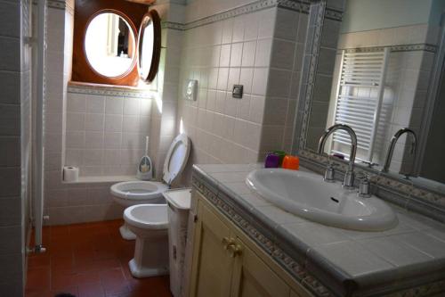 a bathroom with a sink and a toilet and a mirror at Casa Furielli in Radda in Chianti