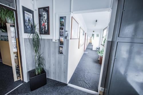 a hallway with a potted plant on a wall at Hotel Penzion Rohožník in Prague