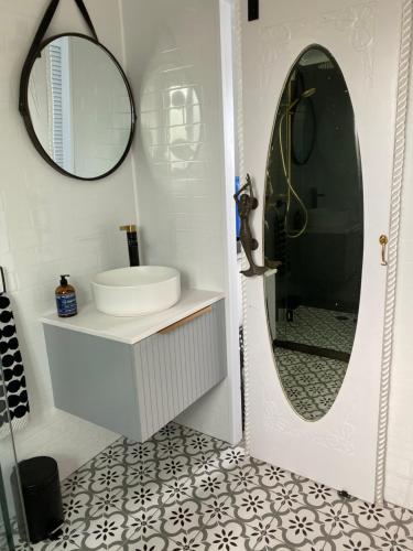 a bathroom with a sink and a mirror at Swamp Fox luxury 2BR Dutch Barge in Goolwa