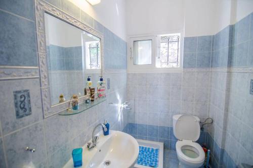 y baño con lavabo, aseo y espejo. en Amalia Sea View house en Ítaca