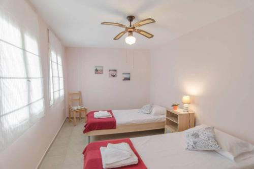 - une chambre avec 2 lits et un ventilateur de plafond dans l'établissement Amalia Sea View house, à Vathi