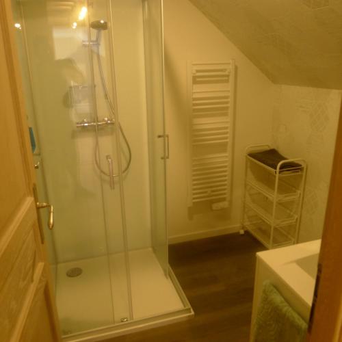 une salle de bain avec douche et lavabo dans l'établissement Ty Bétahon - 200m de la plage, à Ambon