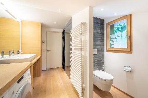 La salle de bains est pourvue de toilettes et d'un lavabo. dans l'établissement LAAX Homes - Casa Fau, à Laax