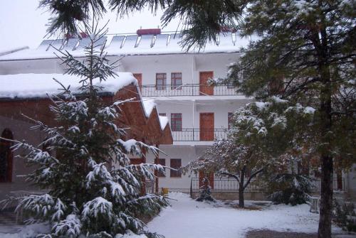 a building with a snow covered tree in front of it at Hotel Aşıkoğlu in Bogazkale