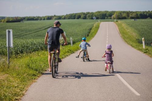 a man and two children riding bikes down a road at Sonnerupgaard Hotel & Konference in Kirke-Hvalsø