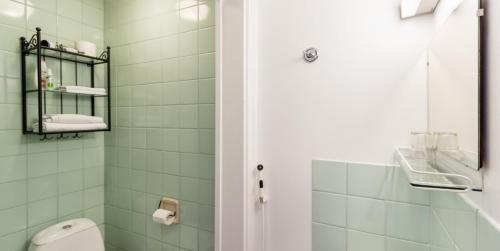 a bathroom with a white toilet and a shower at Hanko Villa Anke & Janne in Hanko