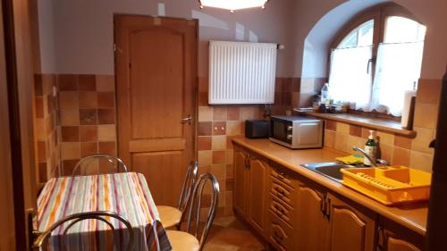 扎科帕内Noclegi Zakopane的带桌子和微波炉的小厨房