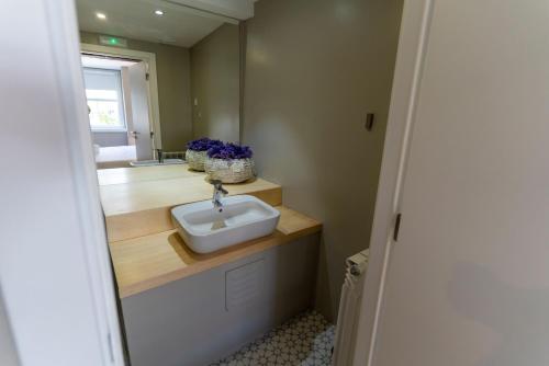 ein Badezimmer mit Waschbecken und Spiegel in der Unterkunft Secret Garden in Bragança - historic center in Bragança