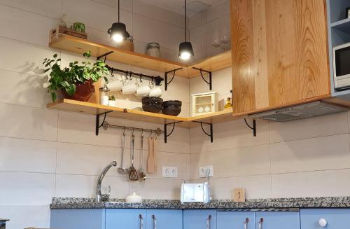 a kitchen with wooden cabinets and a counter top at A Maquia Do Pousavedra in Sober