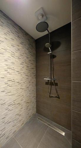 a room with a shower with a wooden wall at Luxury 60m2 Apartment with 20m2 Private Terrace - R65A in Eindhoven