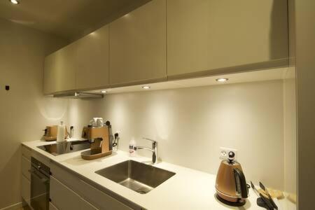 cocina con fregadero y encimera en Cozy and silent ground floor apartment, en Copenhague