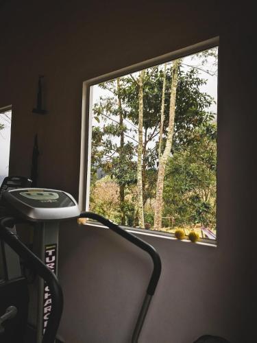 a window in a room with a chair looking out at Pousada Quinta das Nascentes in Petrópolis