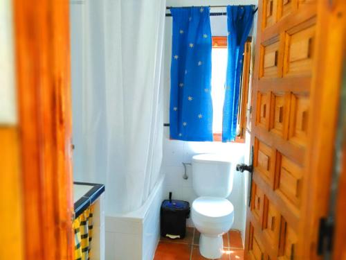 a bathroom with a toilet and a blue curtain at Casa Rural en Aldea Cueva Ahumada in Villaverde de Guadalimar