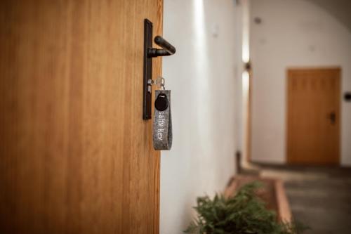 a wooden door with a lock on it at the salt residences in Hallein