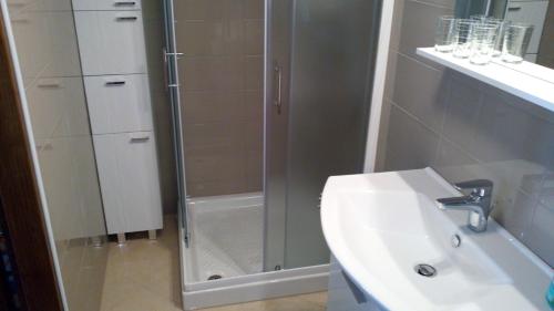 a bathroom with a shower and a sink at Holiday Home Peruski in Peruški