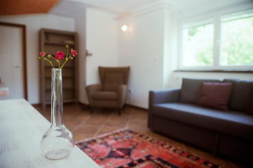 a vase with flowers on a table in a living room at Riverside garden apartment Three Springs Tri Zvira in Plešce