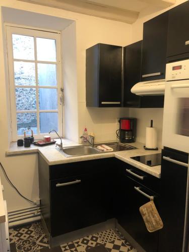 a kitchen with black cabinets and a sink and a window at Le 41 Carnot in Poitiers