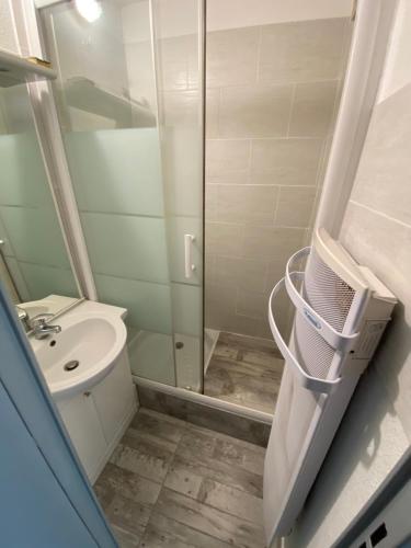 une salle de bain avec une douche, des toilettes et un lavabo dans l'établissement Spacieux studio sur le port de hyeres, à Hyères