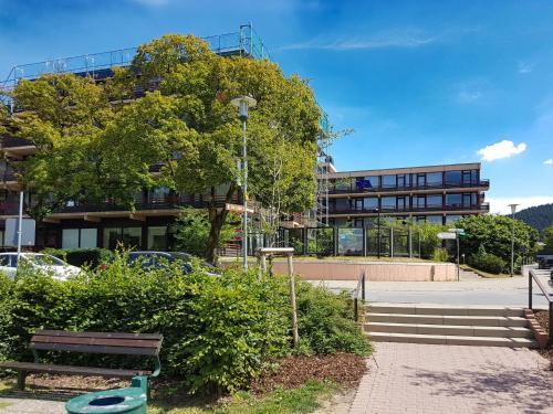 um edifício com uma árvore e um banco à sua frente em Apartment on the lakeside in Hahnenklee em Hahnenklee-Bockswiese