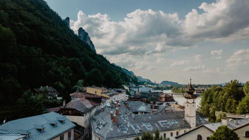 a view of a town with a mountain at the salt residences in Hallein
