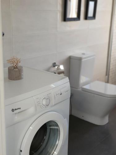 a white washing machine in a bathroom with a toilet at A Maquia Do Pousavedra in Sober