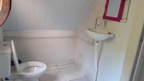 a small bathroom with a toilet and a sink at Chalézinhos São Roque in São Roque