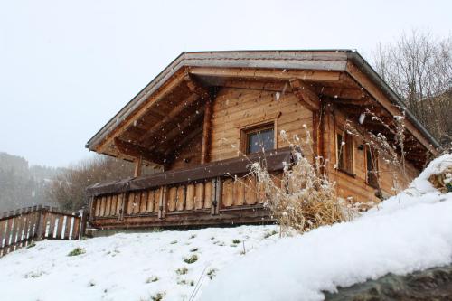 a log cabin with snow on the roof at Das Paradieschen in Edlitz