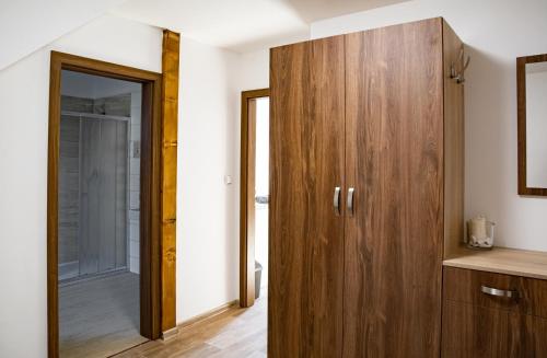 Pokój z drewnianą szafką i drzwiami w obiekcie Apartmány Kurojedy w mieście Bor