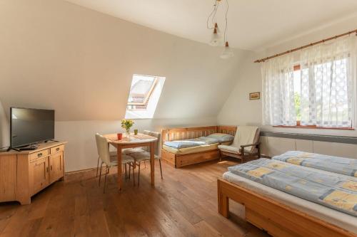 圖爾諾夫的住宿－VS apartmán，一间卧室配有两张床、一张桌子和一台电视。