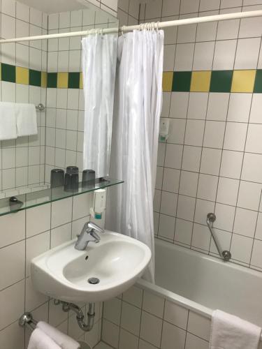 baño con lavabo y cortina de ducha en Hotel Ambiente Garni, en Múnich