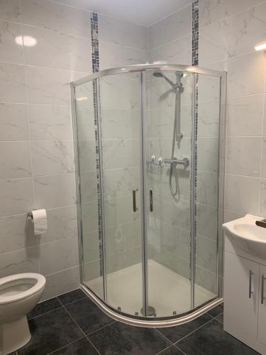 a glass shower in a bathroom with a toilet at The Local Lodge in Longford