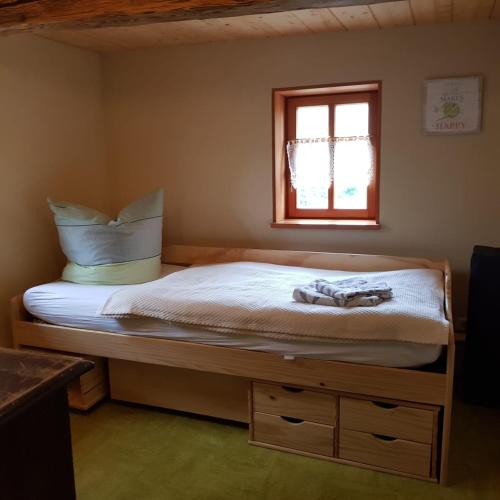 a bed in a room with a window at Ökologische Ferienwohnung Becker in Kottmar
