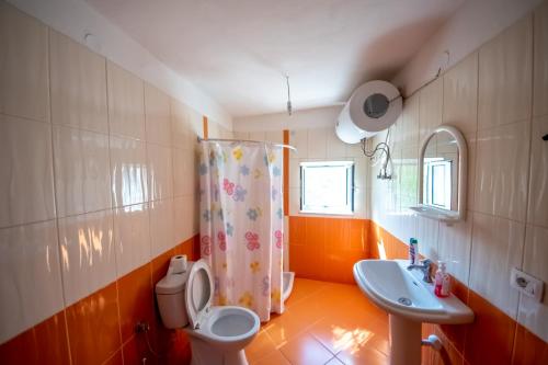 a bathroom with a toilet and a sink at Guest House Garden in Gjirokastër