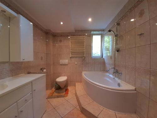 a bathroom with a tub and a toilet and a sink at Pensjonat Osemka in Lewin Kłodzki