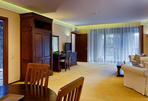 波亞納布拉索夫的住宿－Poiana Brasov Alpin Resort Apartment，客厅配有沙发和桌椅