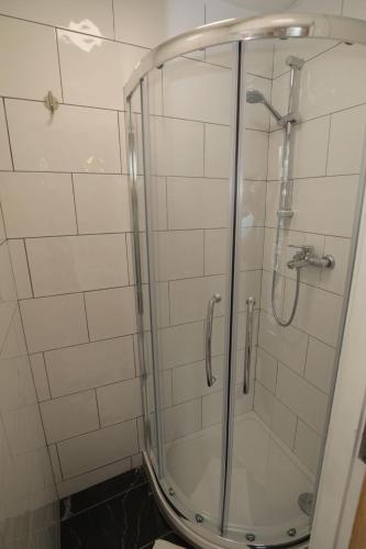 a shower with a glass door in a bathroom at Holland Inn Hotel in London