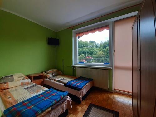a green room with two beds and a window at Pensjonat Osemka in Lewin Kłodzki