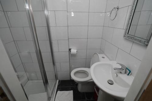 a bathroom with a toilet and a sink and a shower at Holland Inn Hotel in London