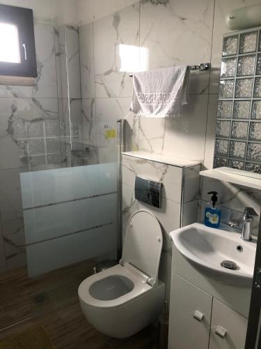 a bathroom with a toilet and a sink at Theano Studios in Paralia Sikias