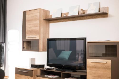 a flat screen tv sitting on a entertainment center at Stephansdom Premium Apartments in Vienna
