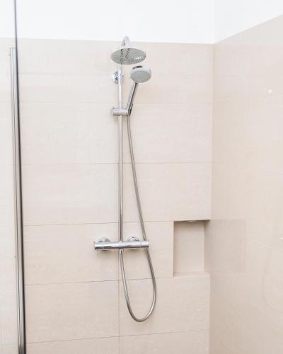 a shower with a shower head in a bathroom at Stephansdom Premium Apartments in Vienna