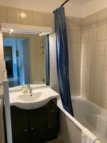 une salle de bain avec un lavabo et un rideau de douche dans l'établissement Disney, comfortable 2 bedrooms family apartment, 7 pers, wifi, NETFLIX, à Chessy