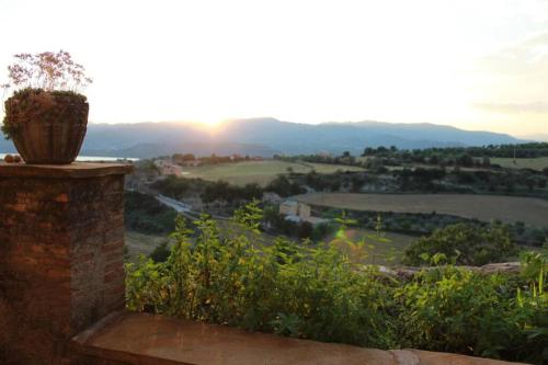 a potted plant sitting on the edge of a building with the sunset in at Casa Jaumet: un lloc de pau on escoltar el silenci in Aramunt
