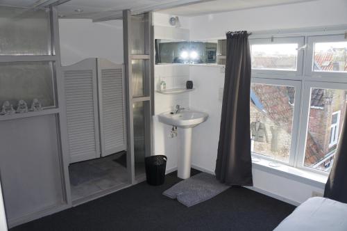 een badkamer met een wastafel en een douche bij Knus vertoeven in een historisch pand in Grou. in Grou