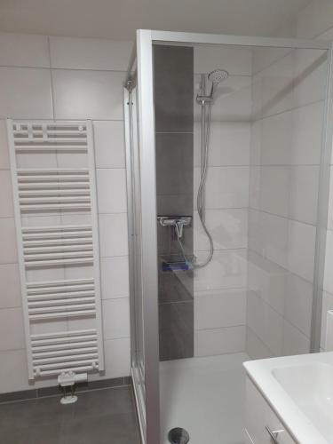 uma casa de banho com um chuveiro e um lavatório. em Ferienwohnung Deichblick 2 em Gerhardshofen