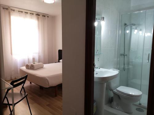 La salle de bains est pourvue d'un lavabo, de toilettes et d'une douche. dans l'établissement Pensión Las Rías, à La Corogne