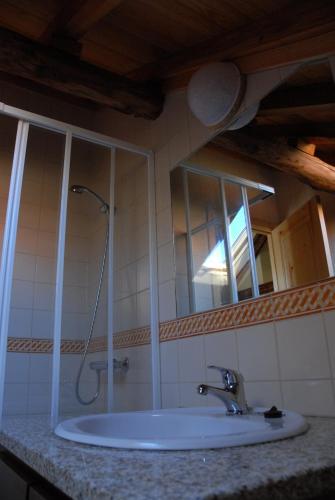 a bathroom sink with a shower and a mirror at Casa da Moreia in Sabugueiro