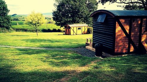 a small wooden shed in a grassy field at pen-rhos luxury glamping "The Hare Hut" in Llandrindod Wells