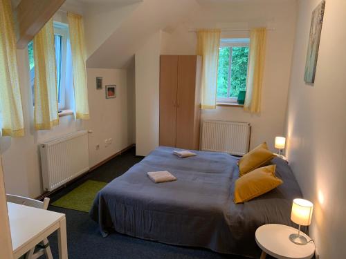 a bedroom with a blue bed with yellow pillows at Penzion Zelené Údolí in Janske Lazne