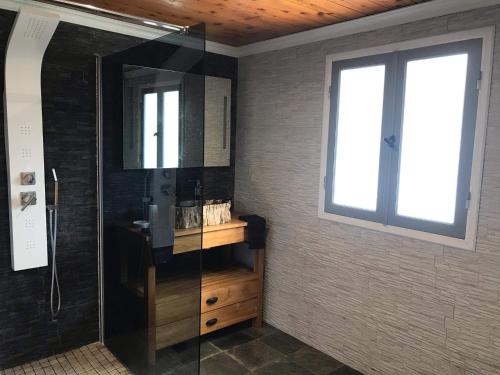uma casa de banho com um chuveiro e uma porta de vidro em La Madeleine em Cilaos